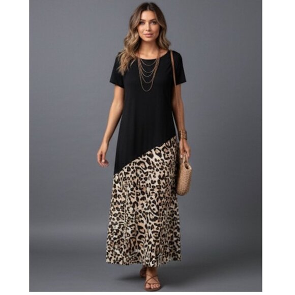 Black Leopard Print Tee Dress - Picture 2 of 6